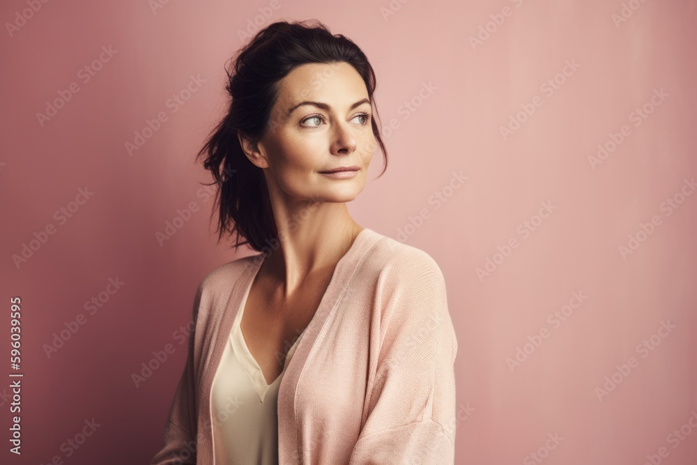 Sticker environmental portrait photography of a satisfied woman in her 40s wearing a chic cardigan against a