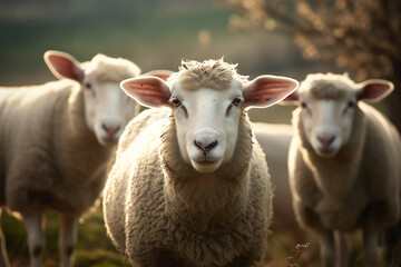 Serene Sheep Grazing on Lush Pasture Farm in the Countryside. created with Generative AI