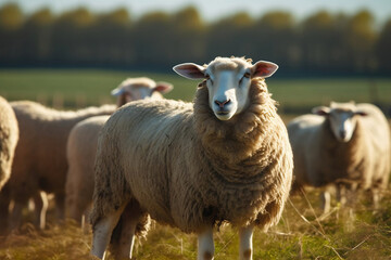 Serene Sheep Grazing on Lush Pasture Farm in the Countryside. created with Generative AI