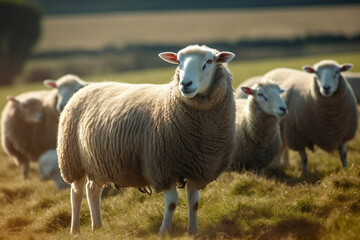Obraz premium Serene Sheep Grazing on Lush Pasture Farm in the Countryside. created with Generative AI