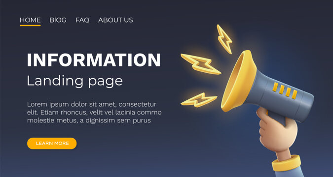 Megaphone landing page banner information, business communication. Vector