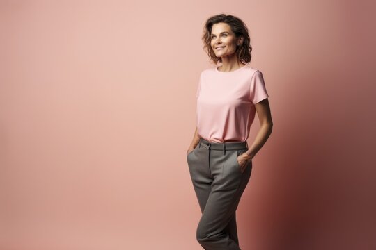 Portrait of a beautiful woman in a pink shirt on a pink background