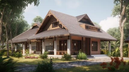 Naklejka premium Vernacular exterior house design in daytime golden hour generative ai