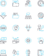 Interior design for workspace linear icons set. Productivity, Ergonomics, Spatial, Structure, Lighting, Color, Atmosphere line vector and concept signs. Layout,Texture,Comfort outline illustrations