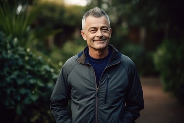 Portrait of a smiling middle-aged man in a park.