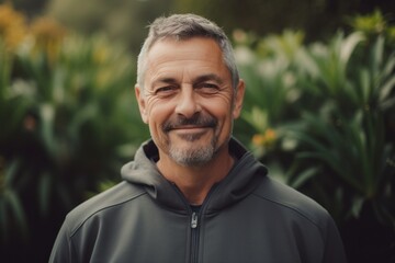 Portrait of a smiling middle-aged man in a park.