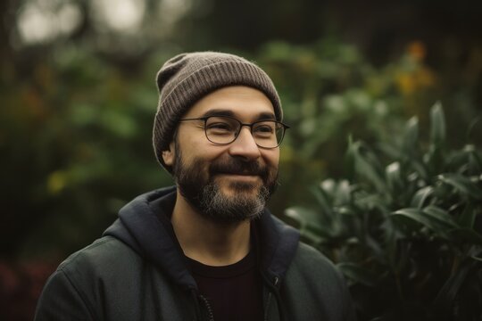 Portrait of a handsome bearded hipster man wearing glasses and a hat in the autumn park.