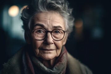 Fototapeta na wymiar Portrait of an elderly woman in glasses and a warm scarf.