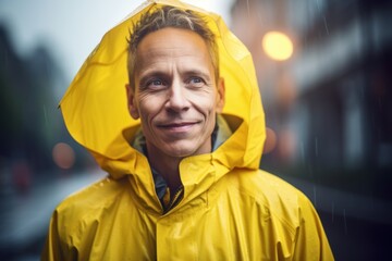 Portrait of a man in a yellow raincoat standing in the rain