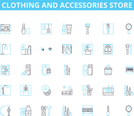 Clothing and Accessories Store linear icons set. Fashion, Apparel, Accessories, Trendy, Style, Chic, Boutique line vector and concept signs. Footwear,Eyewear,Glamorous outline illustrations