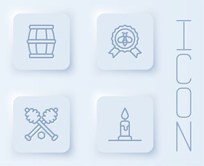 Set line Wooden barrel with honey, Best bee, Honey dipper stick and Burning candle. White square button. Vector