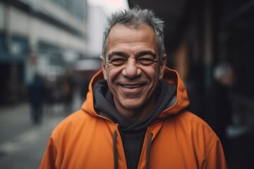 Portrait of a smiling senior man in an orange jacket on the street