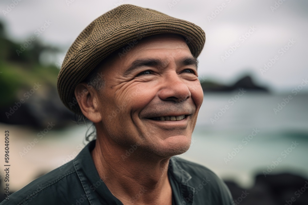 Poster Portrait of a smiling senior man with hat looking away on the beach