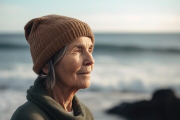 Portrait of smiling senior woman looking away on the beach at sunset