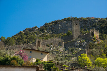Fototapeta na wymiar View of the ruins of the catle in Ferentillo, the little town famous for the mummies in Umbria, Italy