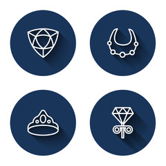 Set line Diamond, Necklace, King crown and Stud earrings with long shadow. Blue circle button. Vector