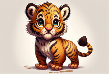 Fototapeta na wymiar AI GeneratedLittle cartoon tiger cub looks sad ahead on a white background. AI Generated