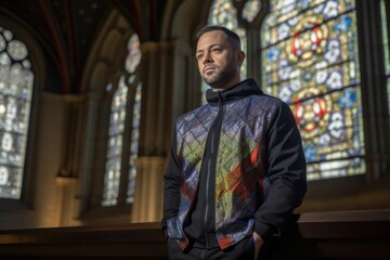 Portrait of a handsome man in front of a church stained glass window