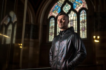 Handsome Young Man in Leather Jacket Standing in Front of Stained Glass Window