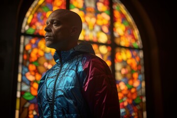 Portrait of a black man in a blue jacket on a background of stained glass window