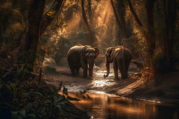 Fototapeta na wymiar Elephants in Serene Forest Stream in their Natural Habitat. created with Generative AI