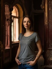 Portrait of a beautiful young woman in an old abandoned building.