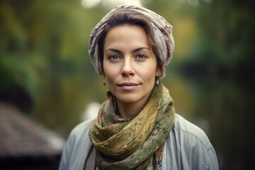 Medium shot portrait photography of a satisfied woman in her 30s wearing a foulard against a swampy or bayou background. Generative AI
