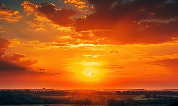 Bright orange sky and light of the sun, Sky background on sunset, Nature composition, Panoramic sunset sky background, generative AI