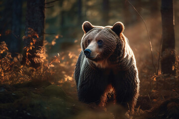Bear Standing Still in the Serene Forest. created with Generative AI