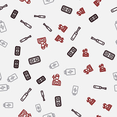 Set line Electrical outlet, Screwdriver, Battery charge and Electrician on seamless pattern. Vector