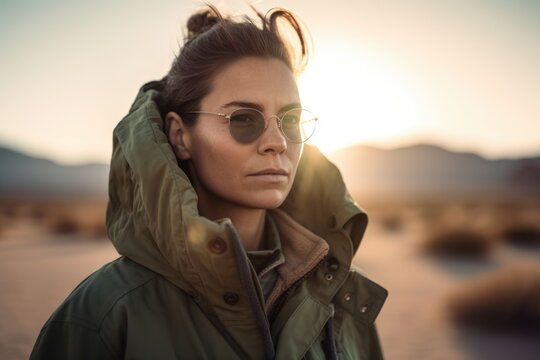 Portrait of a beautiful woman in sunglasses and a green jacket standing in the desert