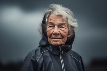 Portrait of an elderly woman with grey hair in a black raincoat