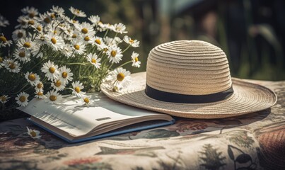 Chamomile flowers in white cup, book, braided hat on table in garden, sunny natural background, generative AI