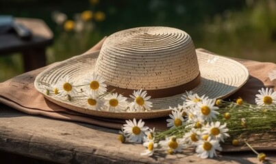 Chamomile flowers in white cup, book, braided hat on table in garden, sunny natural background, generative AI