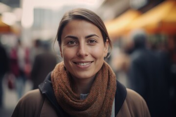 Portrait of a young woman with brown scarf on the street.