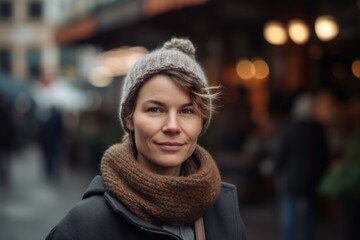 Portrait of a beautiful young woman in a warm hat and scarf on the street