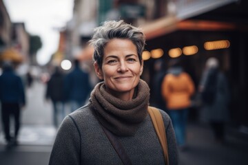 Fototapeta premium Group portrait photography of a satisfied woman in her 40s wearing a cozy sweater against a bustling market or street scene background. Generative AI