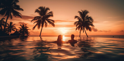 Fototapeta na wymiar Couple enjoying beach vacation holidays at tropical resort with swimming pool and coconut palm trees near the coast with beautiful landscape at sunset, honeymoon destination