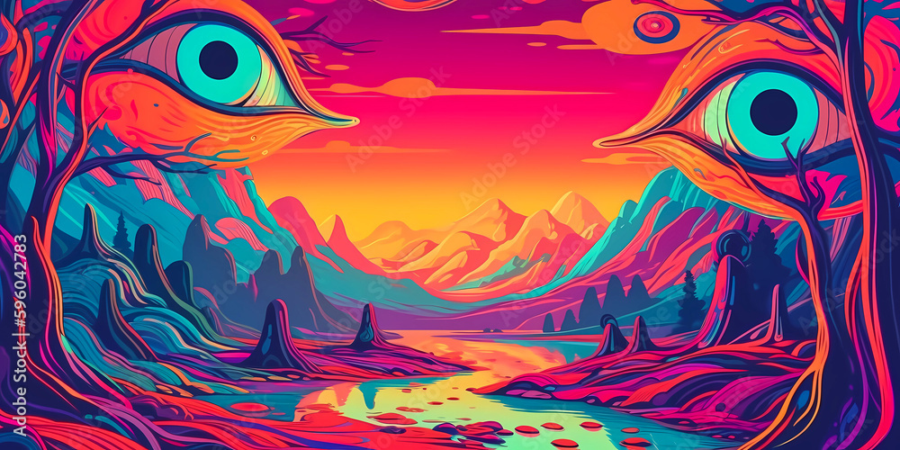 Wall mural psychedelic paradise landscape wallpaper with mountains and river, created woth generative ai - Wall murals