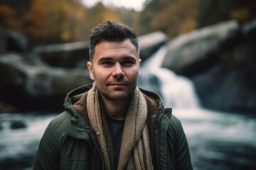 Handsome man standing in front of a waterfall in autumn forest