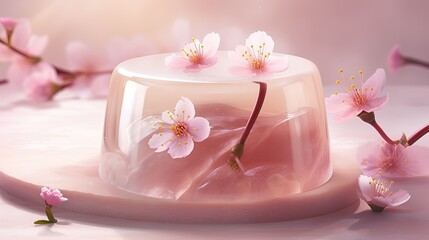 pink cherry yokan traditional Japanese jelly candy with sakura flower decoration, Generative Ai