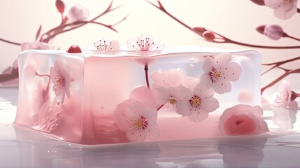 pink cherry yokan traditional Japanese jelly candy with sakura flower decoration, Generative Ai