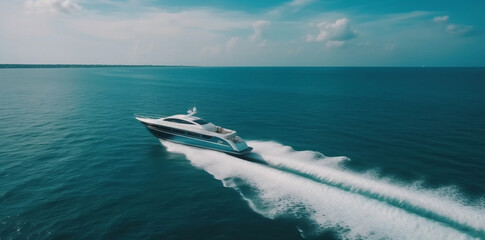 Drone aerial footage of luxury yacht cruising at high speed in tropical blue sea water, speedboat  - obrazy, fototapety, plakaty