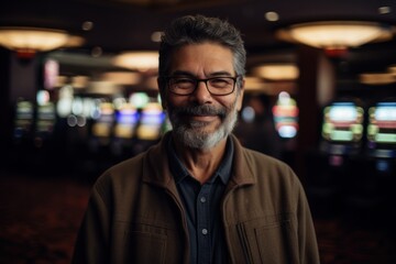 Portrait of a handsome Indian man smiling at the camera while standing in a casino