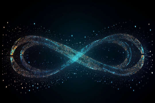 DevOps infinity symbol for agile software developement and operations methodology made with connected particles. Background or banner for technology process life cycle