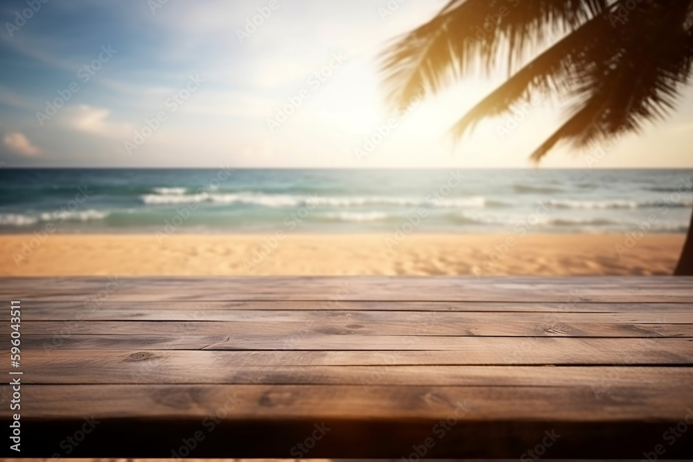 Wall mural empty wooden table on a beautiful blured tropical beach background. summer holiday background for pr