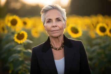 Portrait of mature businesswoman standing in sunflower field at sunset
