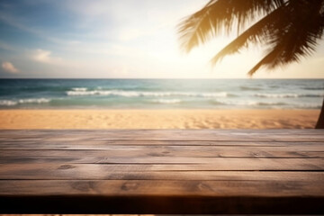 Empty wooden table on a beautiful blured tropical beach background. Summer holiday background for product display