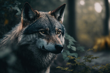 Wild wolf on the background of nature. Created with Generative AI technology. wilderness