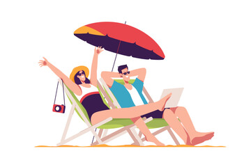 Happye couple relaxing while sitting in lounge deck chair at the beach under umbrella. Vector illustration